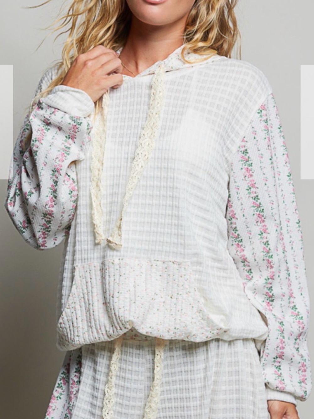 POL Cream Floral Waffle-Knit Hoodie - Picture 2 of 6